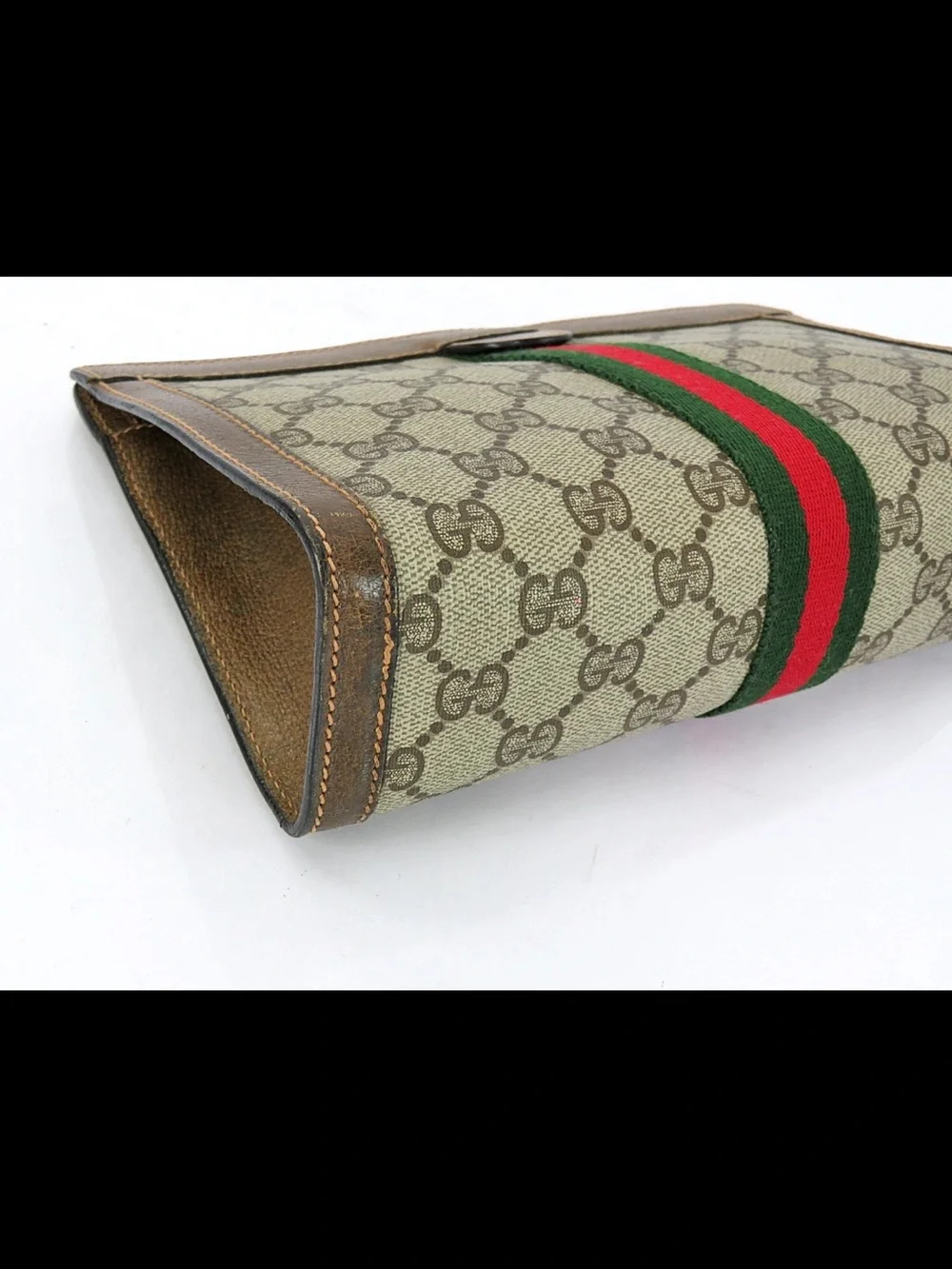 Gucci Beige GG Canvas Clutch with Green & Red Web Stripe
